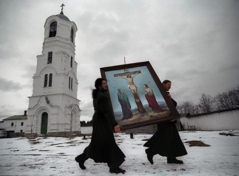 Two monks carrying an icon, 2001